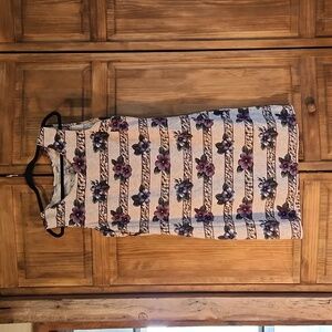 Liz Baker 100%silk sheath dress, with purple and blue floral pattern. Size 12.